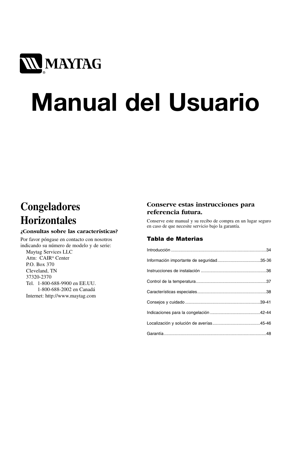 Manual del usuario, Congeladores horizontales | Maytag MQC2257BEW User Manual | Page 33 / 48