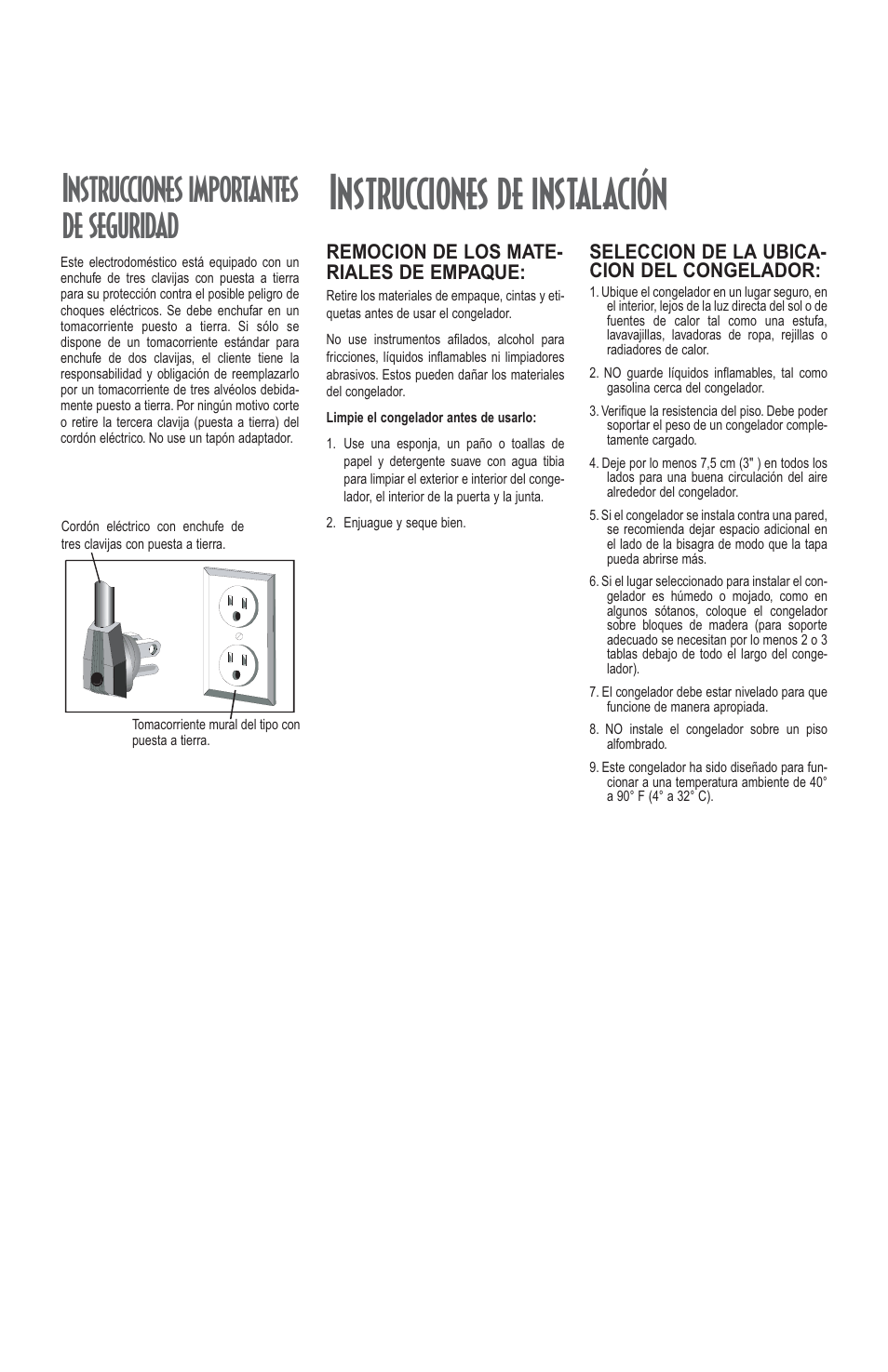 Instrucciones de instalación, Instrucciones importantes de seguridad, Remocion de los mate- riales de empaque | Seleccion de la ubica- cion del congelador | Maytag MQC2257BEW User Manual | Page 36 / 48