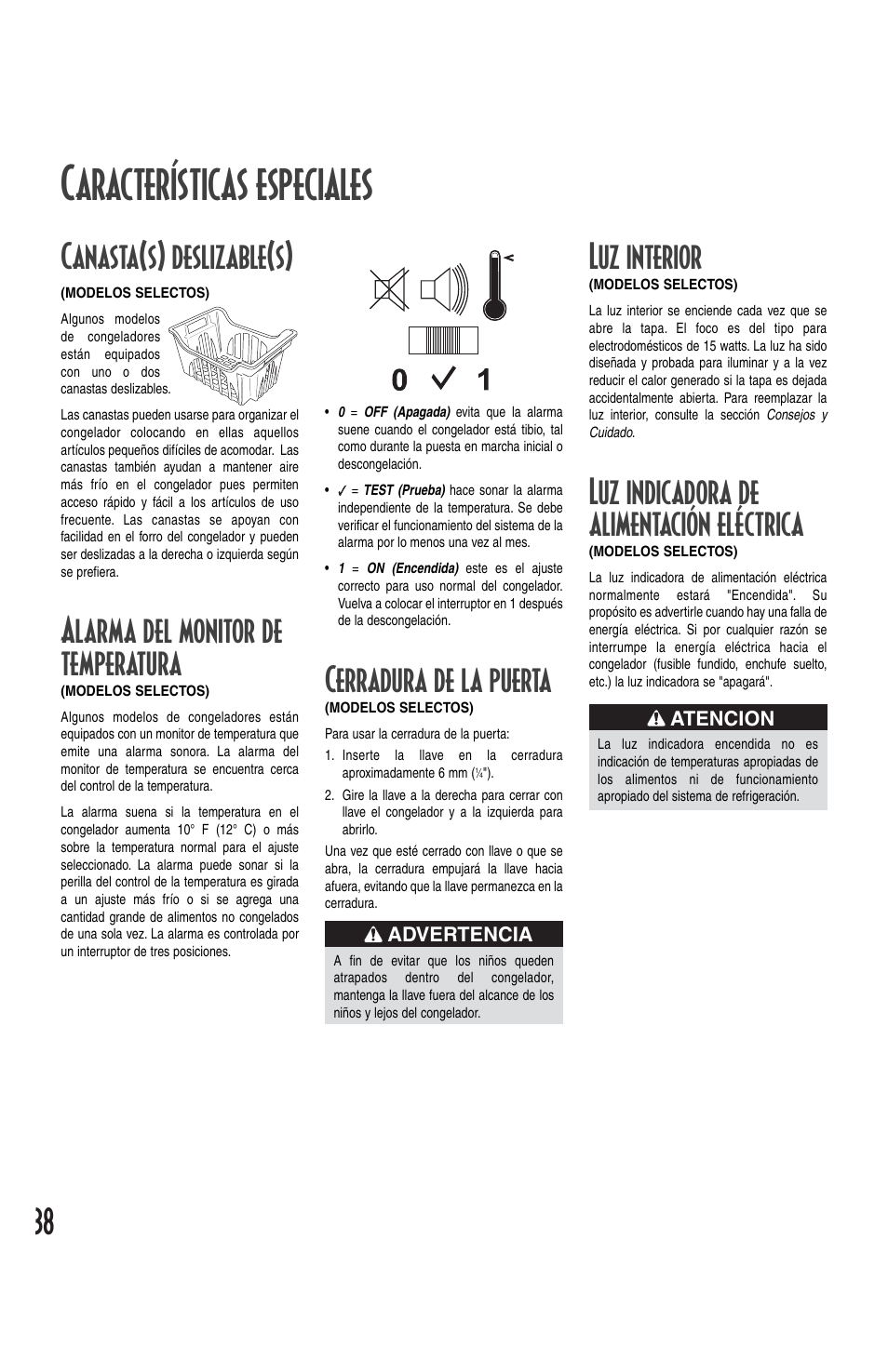 Características especiales, Luz interior, Luz indicadora de alimentación eléctrica | Canasta(s) deslizable(s), Alarma del monitor de temperatura, Cerradura de la puerta | Maytag MQC2257BEW User Manual | Page 38 / 48