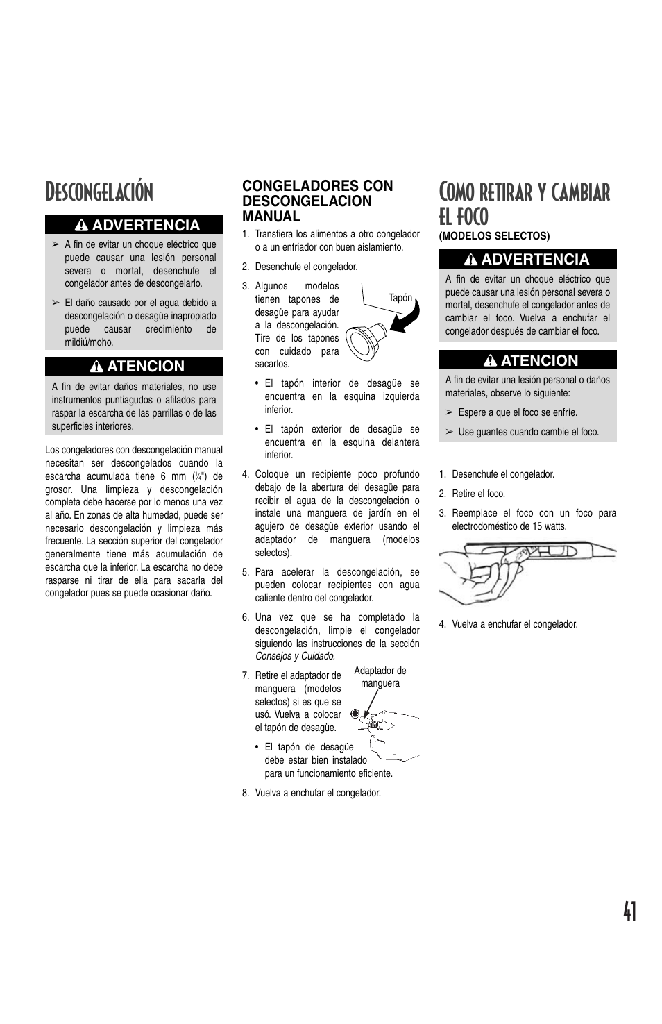Como retirar y cambiar el foco, Descongelación, Atencion | Advertencia, Congeladores con descongelacion manual | Maytag MQC2257BEW User Manual | Page 41 / 48