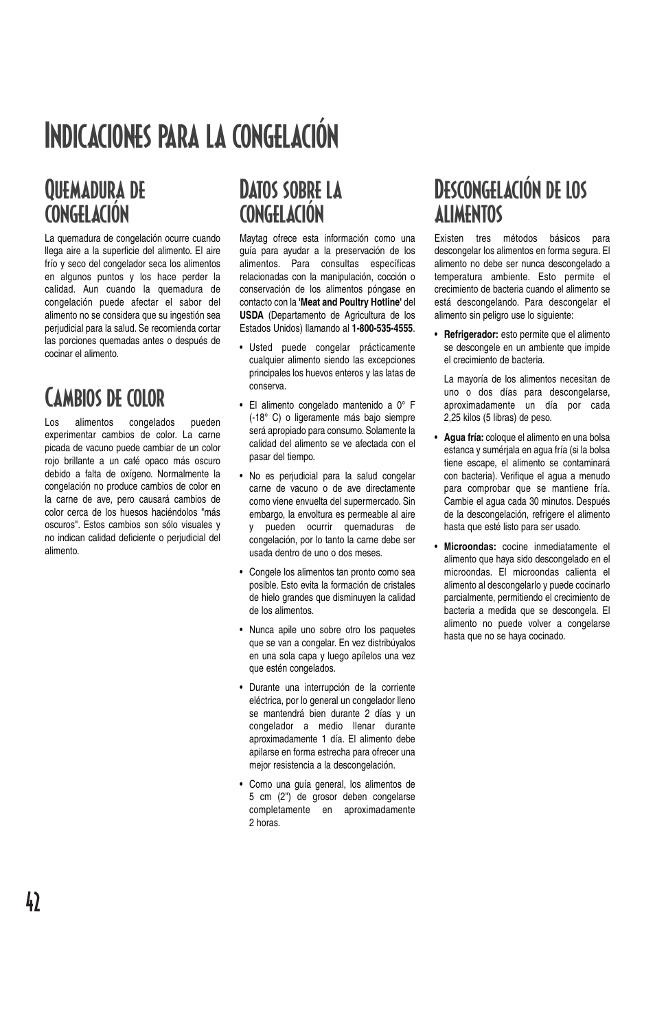 Indicaciones para la congelación, Quemadura de congelación, Cambios de color | Datos sobre la congelación, Descongelación de los alimentos | Maytag MQC2257BEW User Manual | Page 42 / 48