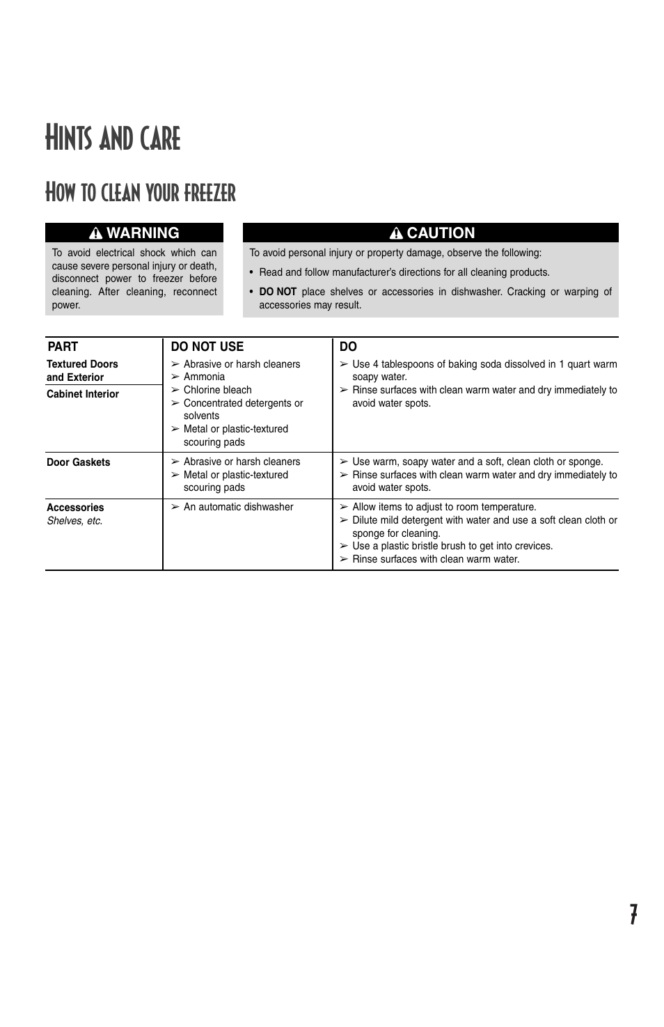 Hints and care, How to clean your freezer, Caution | Warning | Maytag MQC2257BEW User Manual | Page 7 / 48