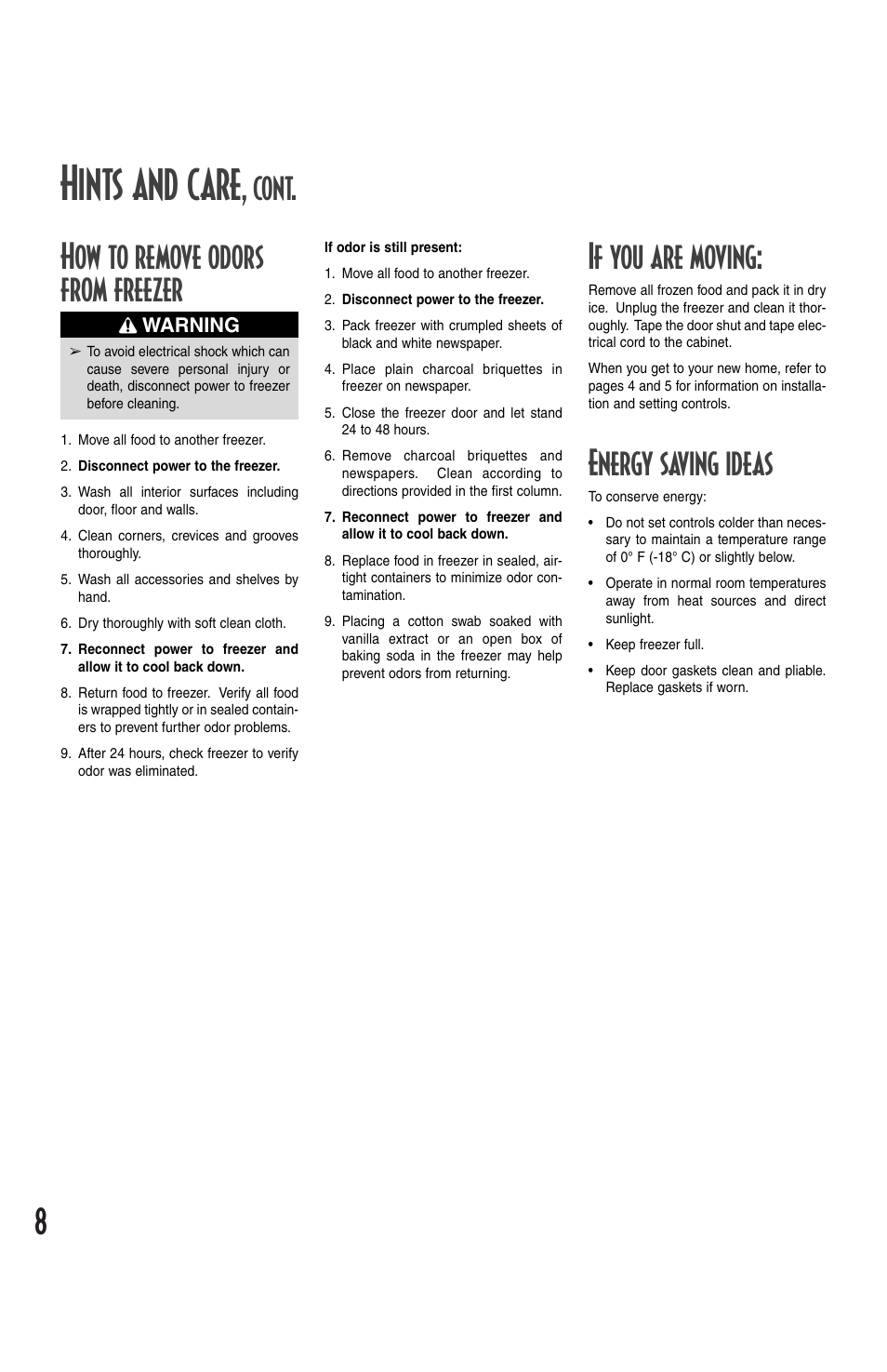 Hints and care, Cont. how to remove odors from freezer, If you are moving | Energy saving ideas | Maytag MQC2257BEW User Manual | Page 8 / 48