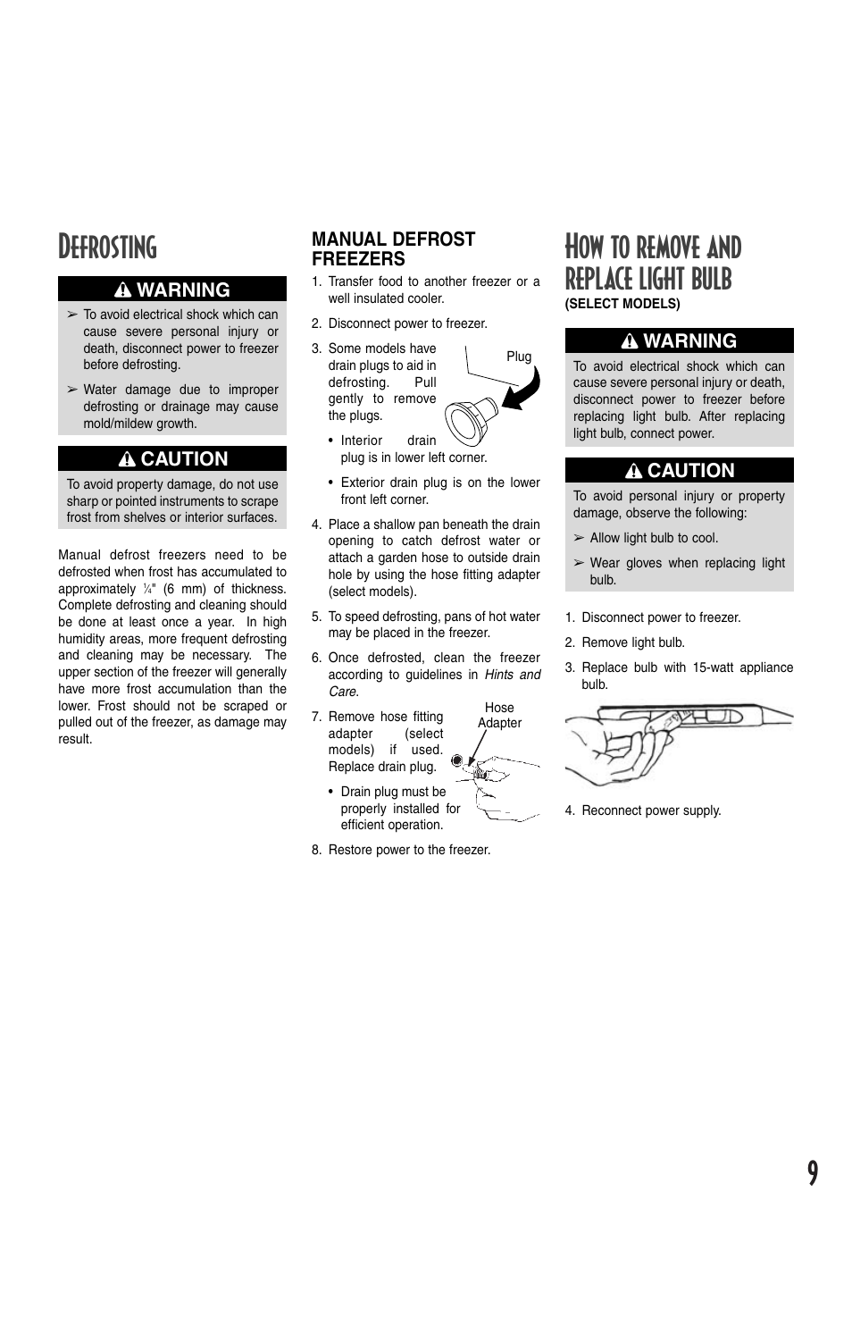 How to remove and replace light bulb, Defrosting, Caution | Warning, Manual defrost freezers | Maytag MQC2257BEW User Manual | Page 9 / 48