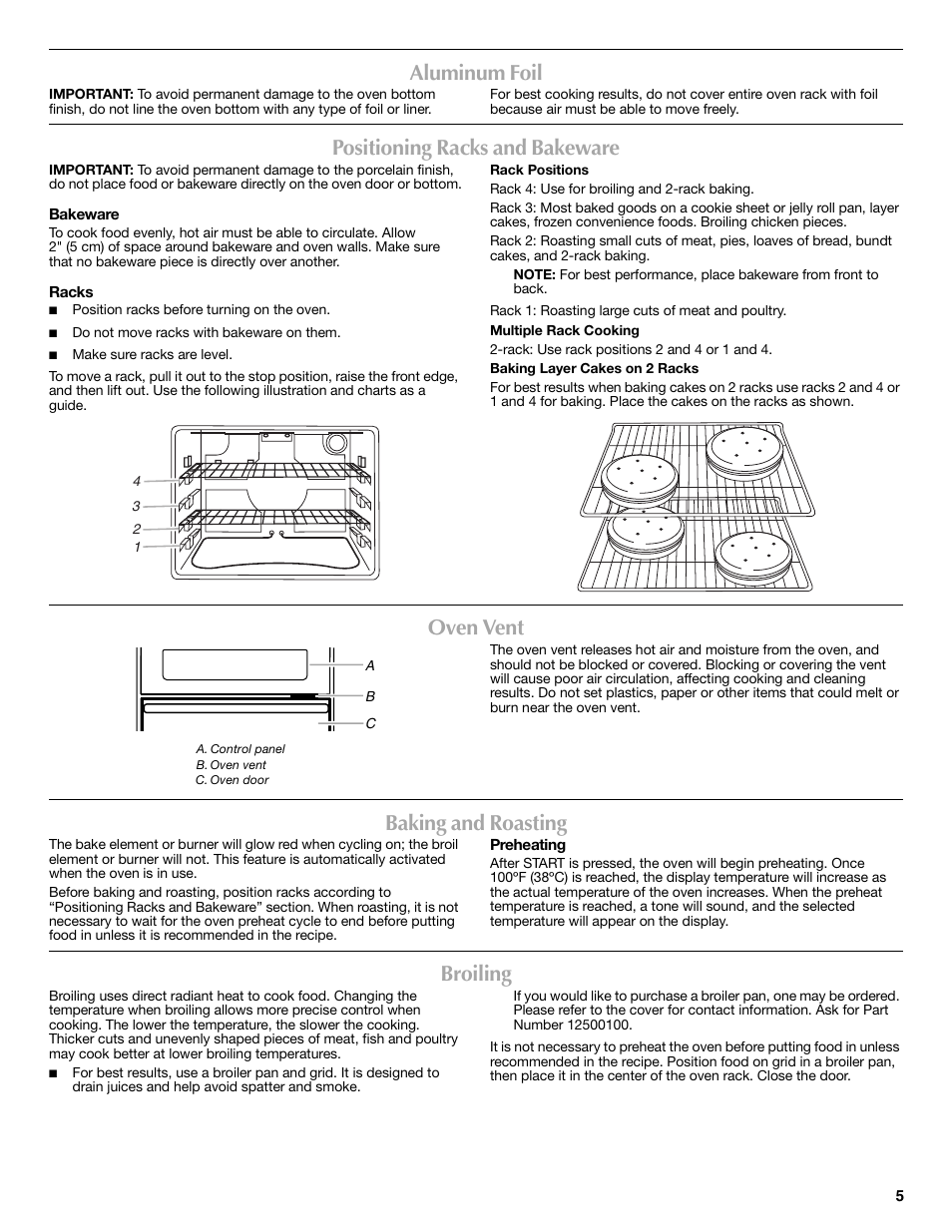 Aluminum foil, Positioning racks and bakeware, Oven vent | Baking and roasting, Broiling | Maytag W10203503B User Manual | Page 5 / 8