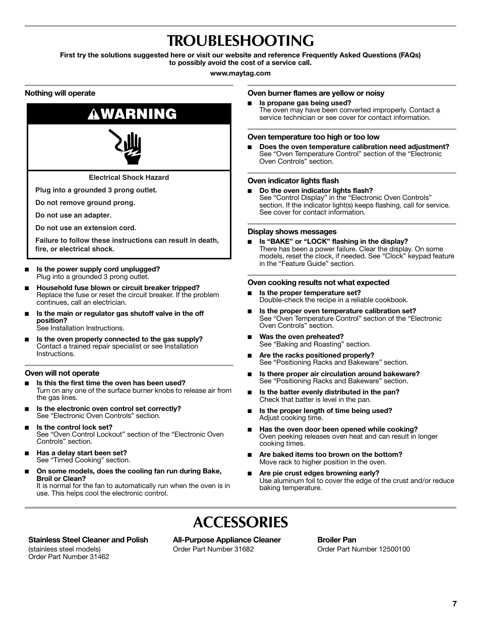 Troubleshooting, Accessories, Warning | Maytag W10203503B User Manual | Page 7 / 8
