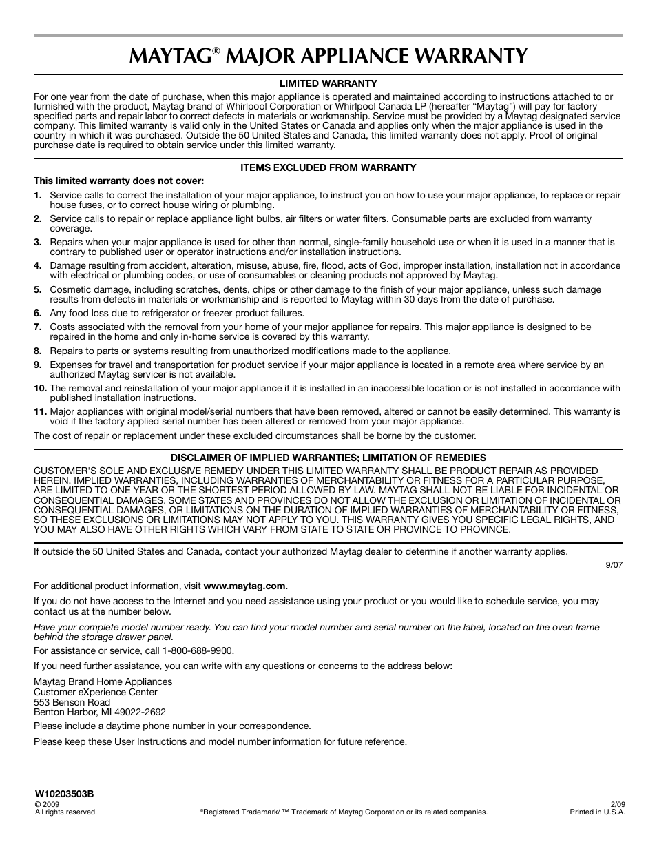 Maytag, Major appliance warranty | Maytag W10203503B User Manual | Page 8 / 8