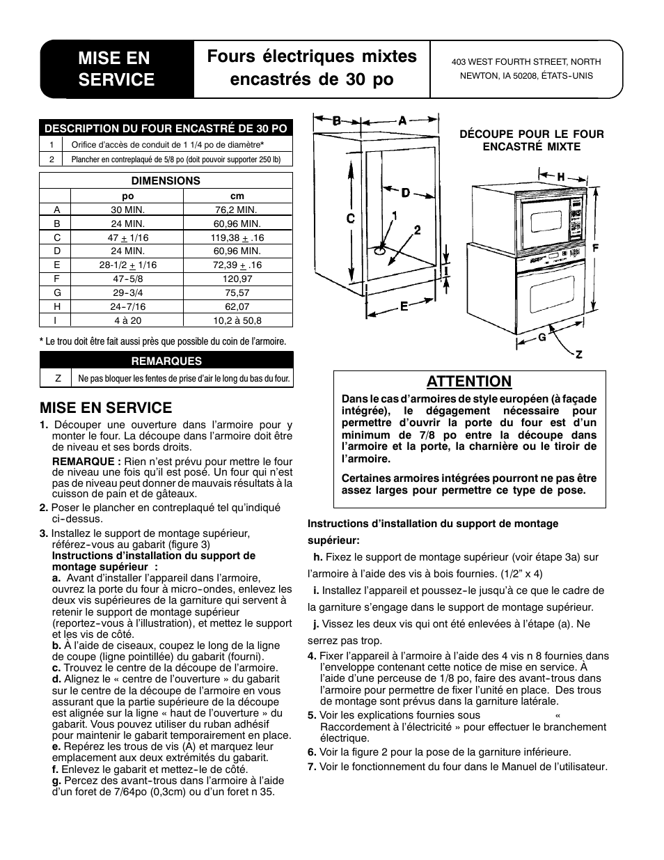 Mise en service, Attention | Maytag 11-06-00 User Manual | Page 5 / 6