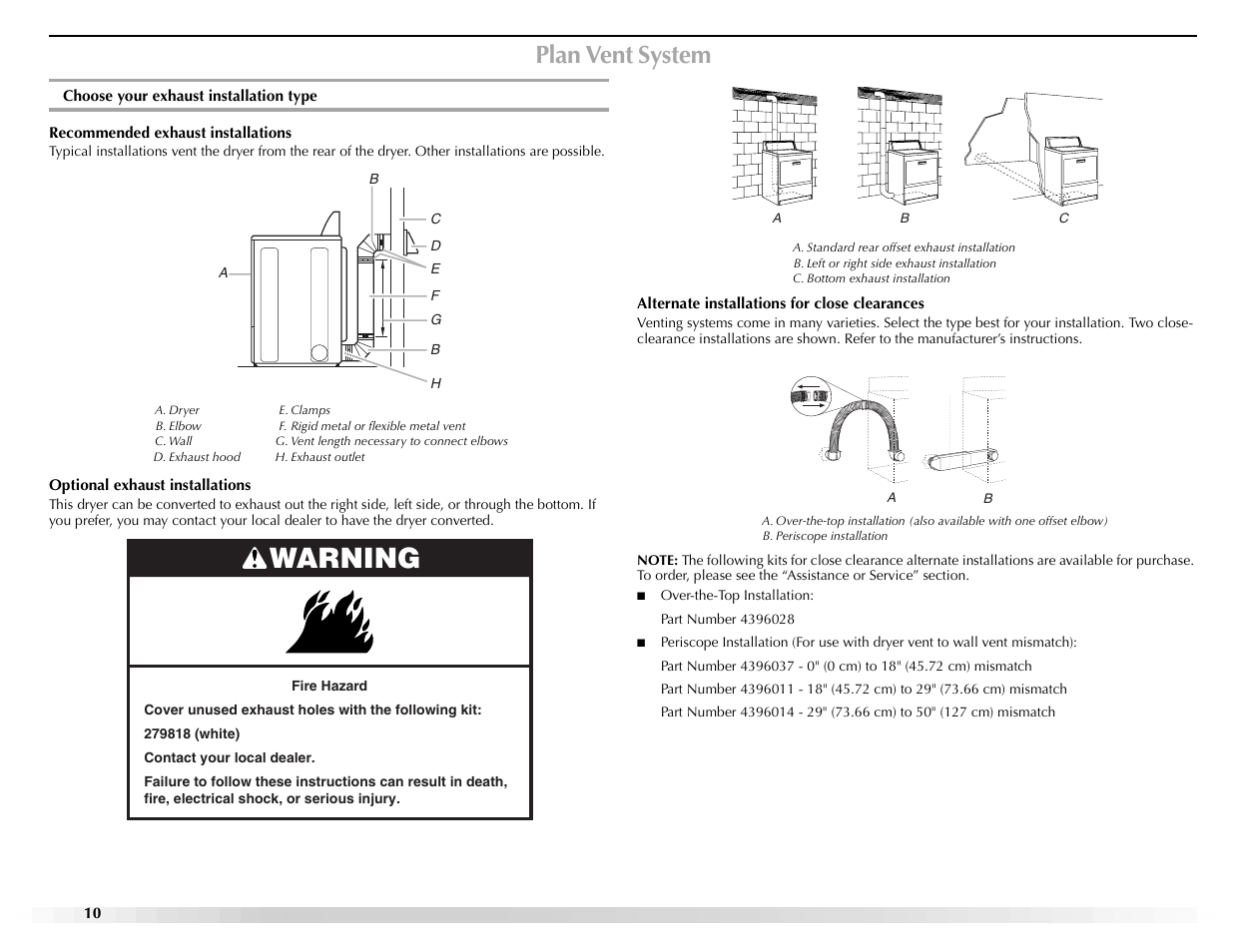 Warning, Plan vent system | Maytag W10155112A User Manual | Page 10 / 20