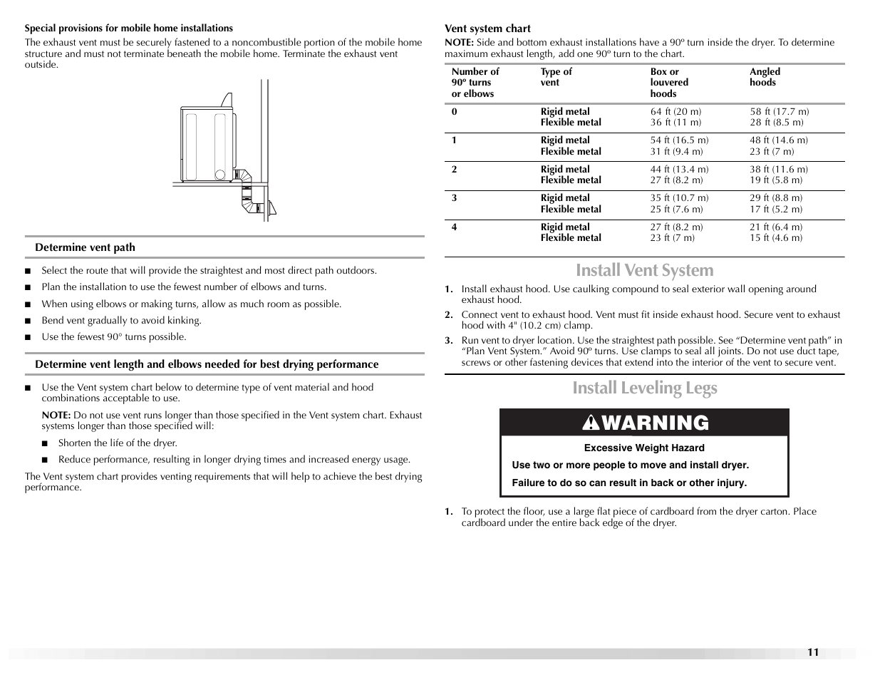 Warning, Install vent system, Install leveling legs | Maytag W10155112A User Manual | Page 11 / 20