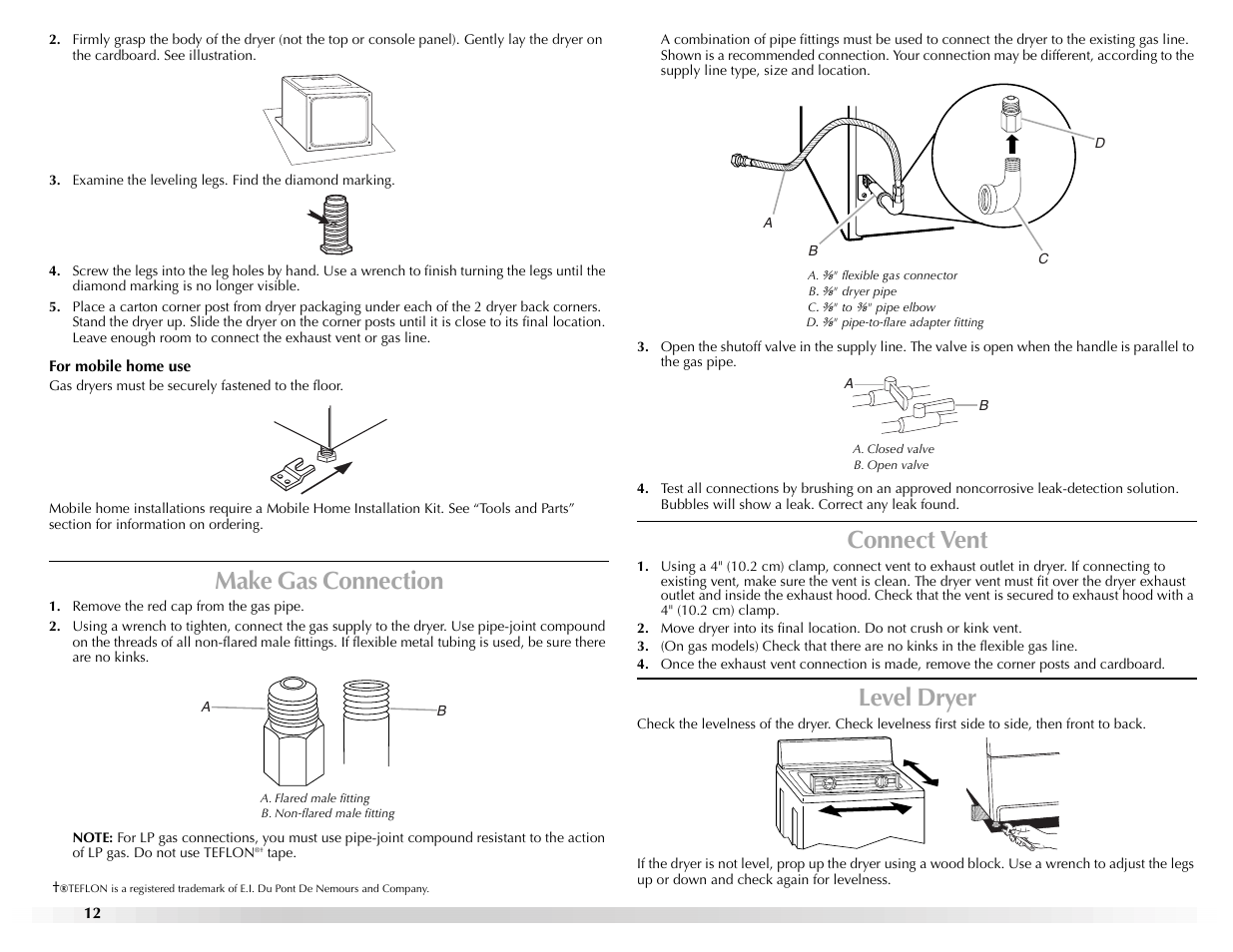 Make gas connection, Connect vent, Level dryer | Maytag W10155112A User Manual | Page 12 / 20