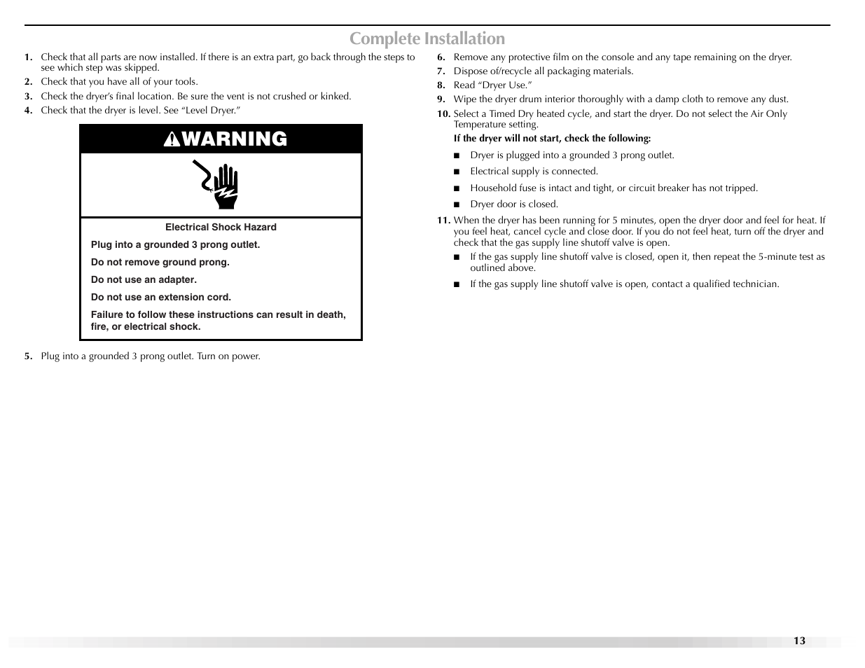 Warning, Complete installation | Maytag W10155112A User Manual | Page 13 / 20