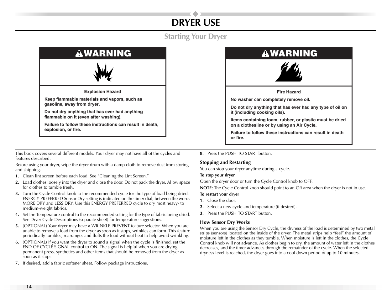 Dryer use, Warning, Starting your dryer | Maytag W10155112A User Manual | Page 14 / 20