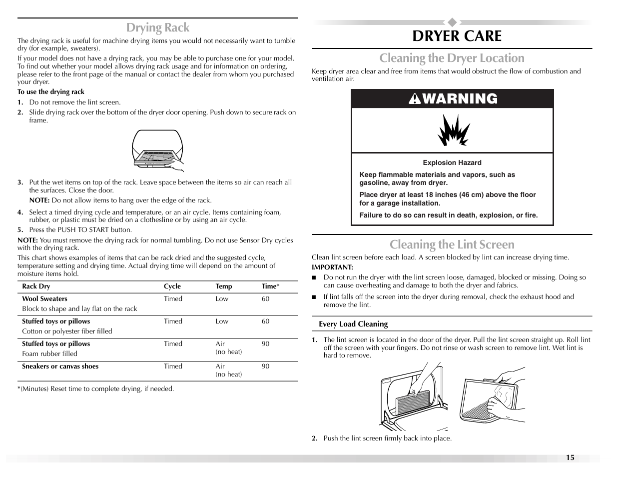 Dryer care, Warning, Drying rack | Cleaning the dryer location, Cleaning the lint screen | Maytag W10155112A User Manual | Page 15 / 20