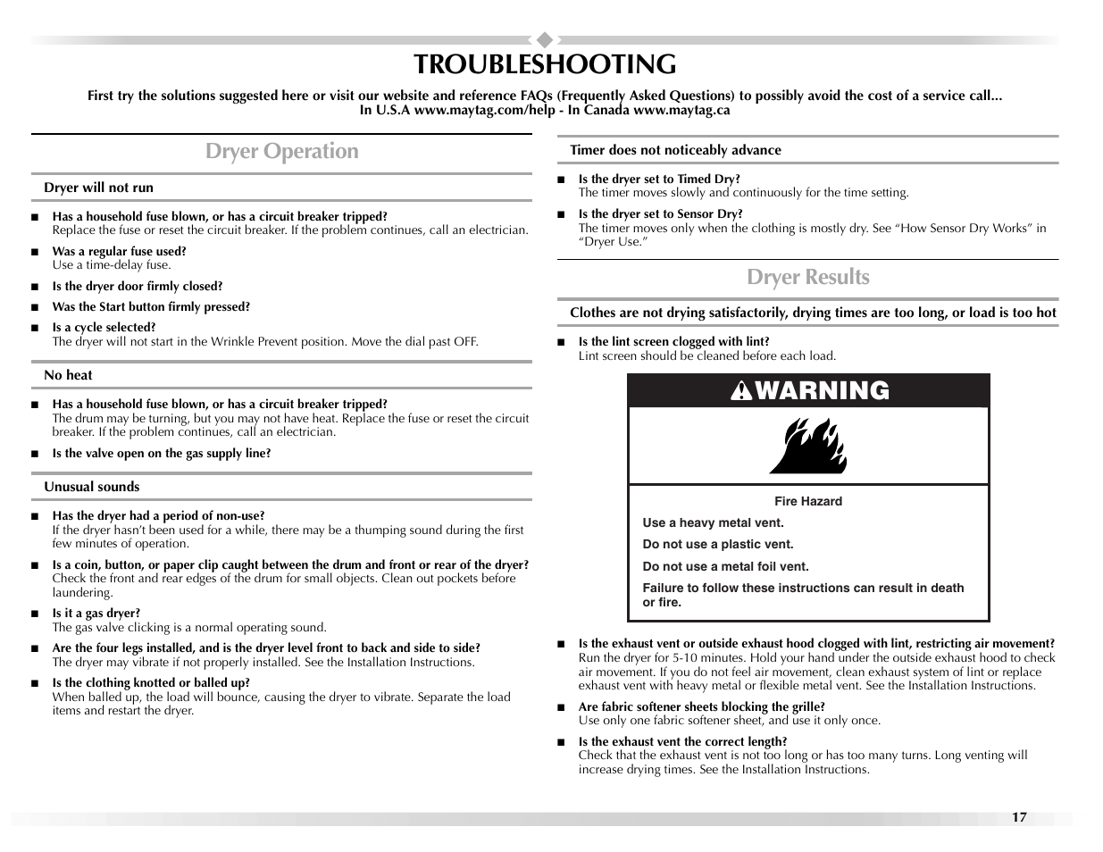 Troubleshooting, Warning, Dryer operation | Dryer results | Maytag W10155112A User Manual | Page 17 / 20