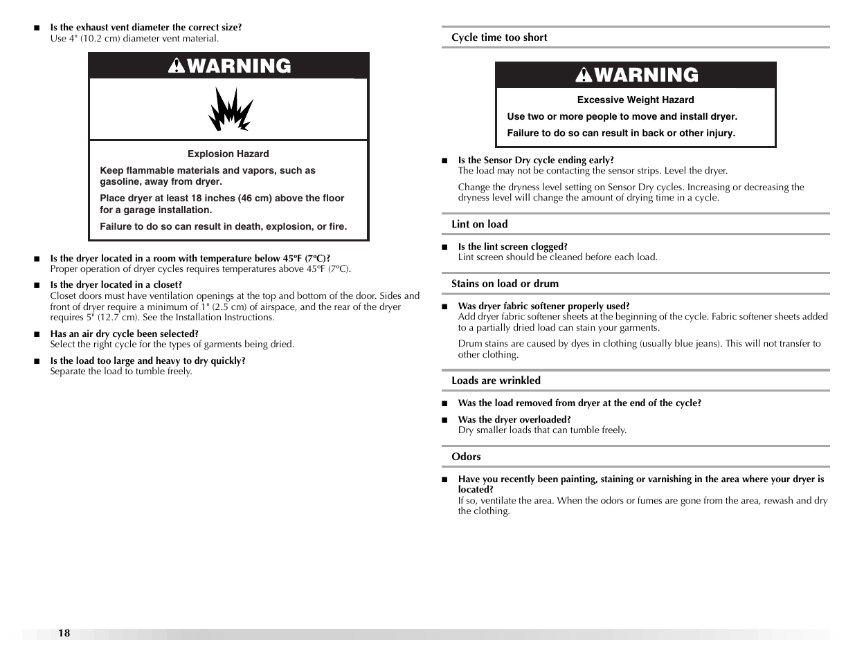 Warning | Maytag W10155112A User Manual | Page 18 / 20