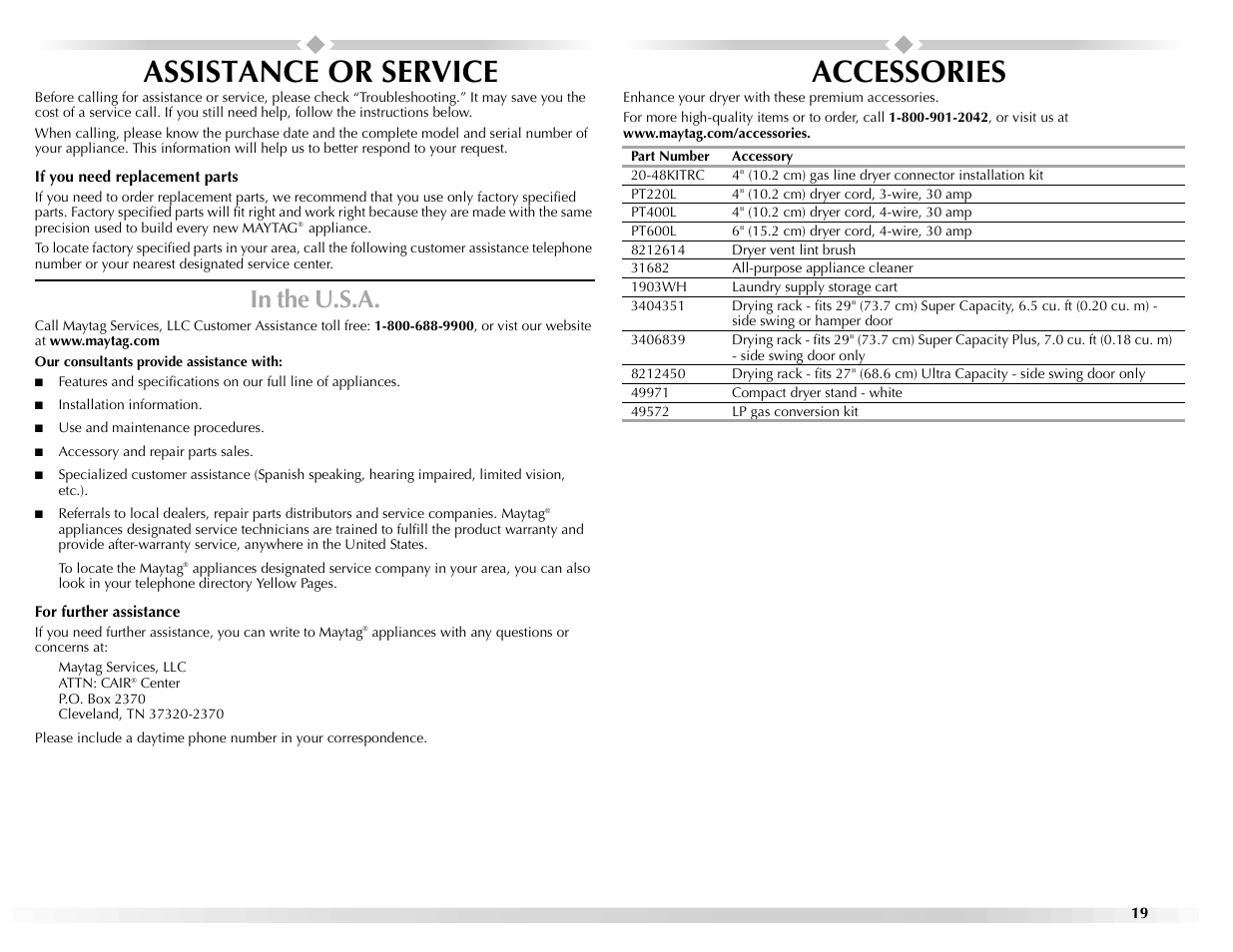 Assistance or service, Accessories | Maytag W10155112A User Manual | Page 19 / 20