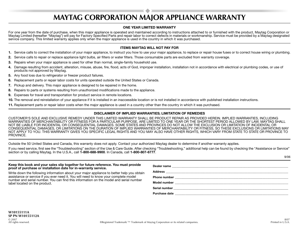 Maytag corporation major appliance warranty | Maytag W10155112A User Manual | Page 20 / 20