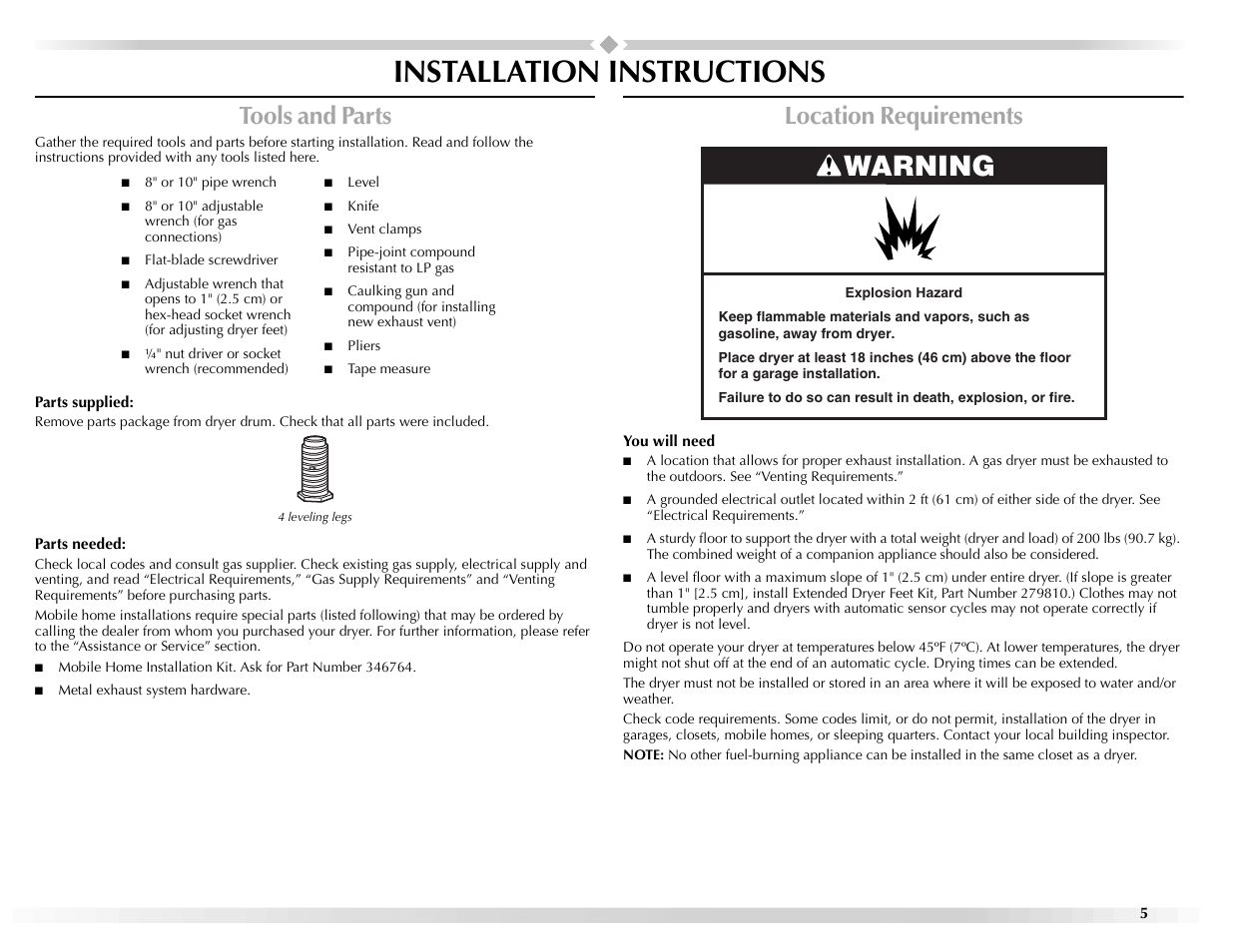 Installation instructions, Warning, Tools and parts | Location requirements | Maytag W10155112A User Manual | Page 5 / 20