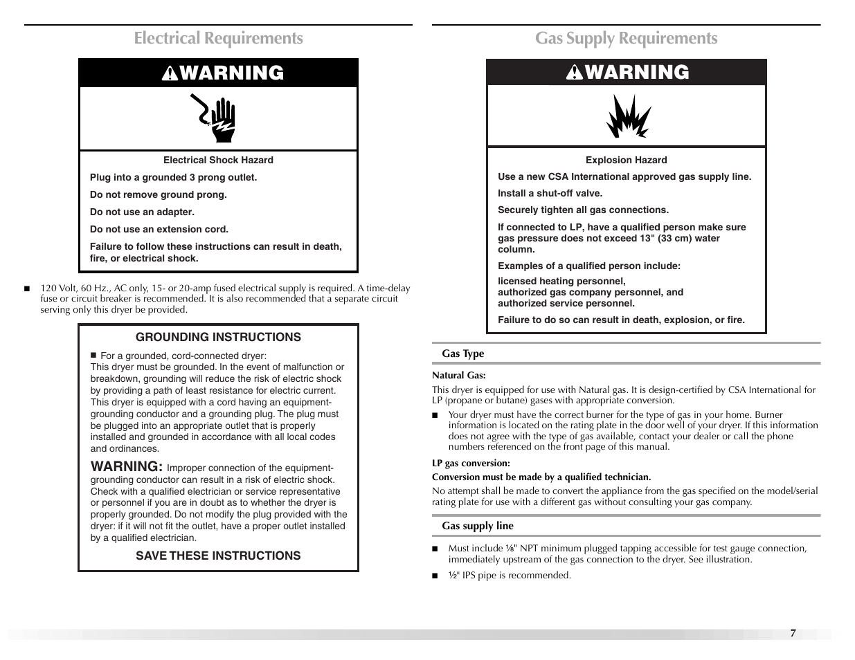 Warning, Electrical requirements, Gas supply requirements | Maytag W10155112A User Manual | Page 7 / 20