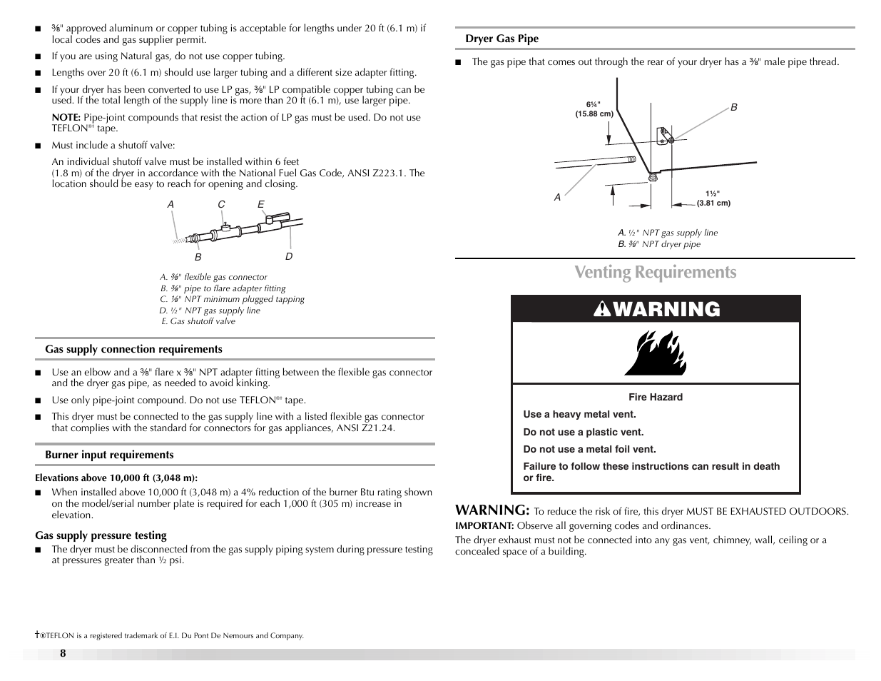 Venting requirements, Warning | Maytag W10155112A User Manual | Page 8 / 20