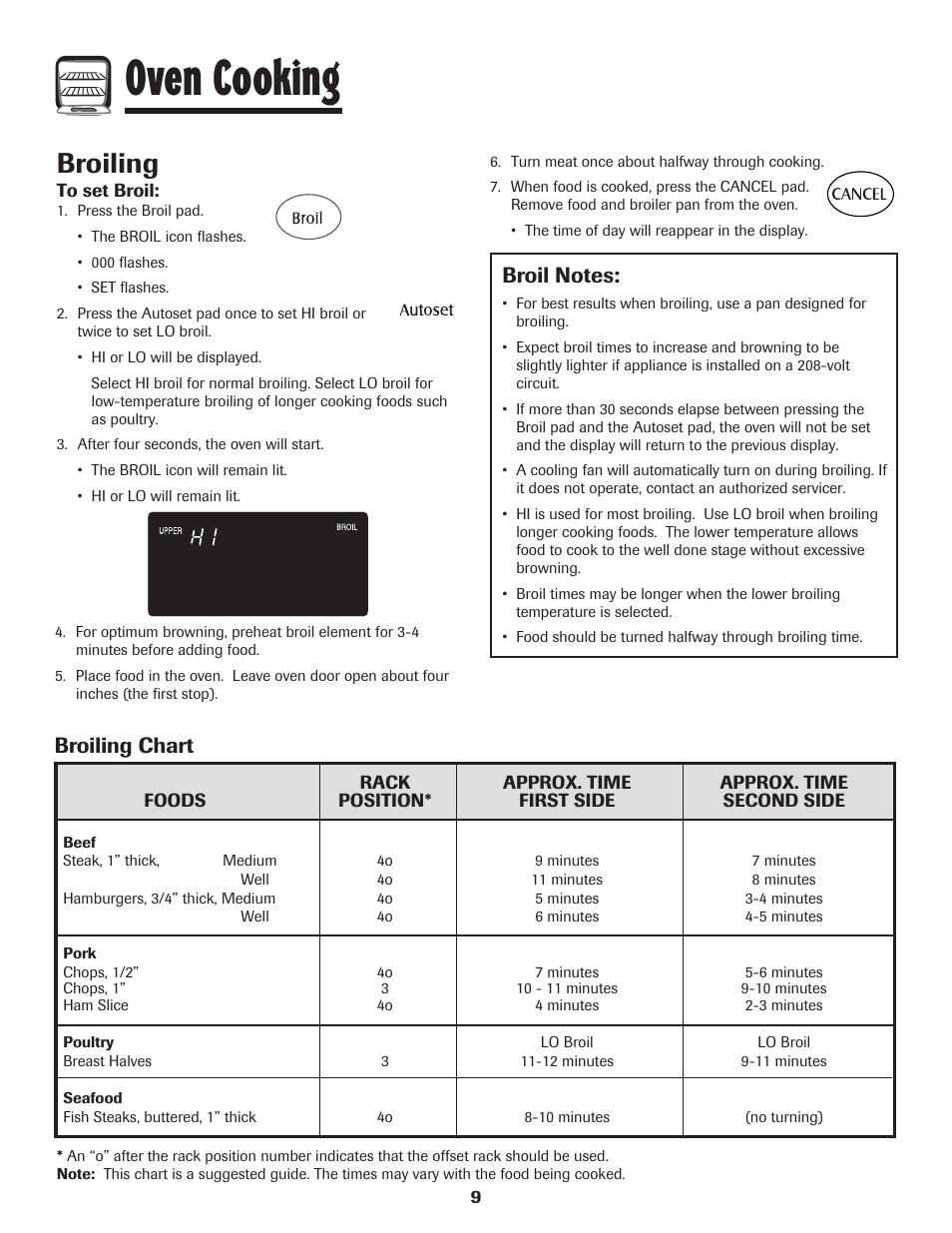 Oven cooking, Broiling, Broiling chart | Maytag Wall Oven User Manual | Page 10 / 68