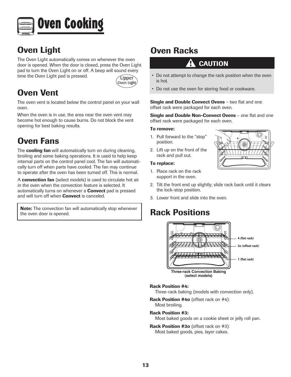 Oven cooking, Oven fans, Oven racks | Oven vent, Oven light, Rack positions, Caution | Maytag Wall Oven User Manual | Page 14 / 68