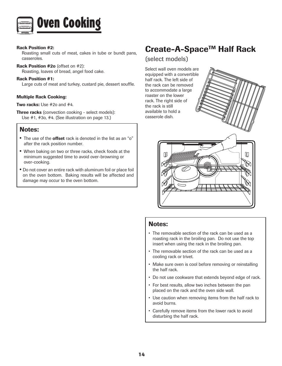 Oven cooking, Create-a-space, Half rack | Select models) | Maytag Wall Oven User Manual | Page 15 / 68