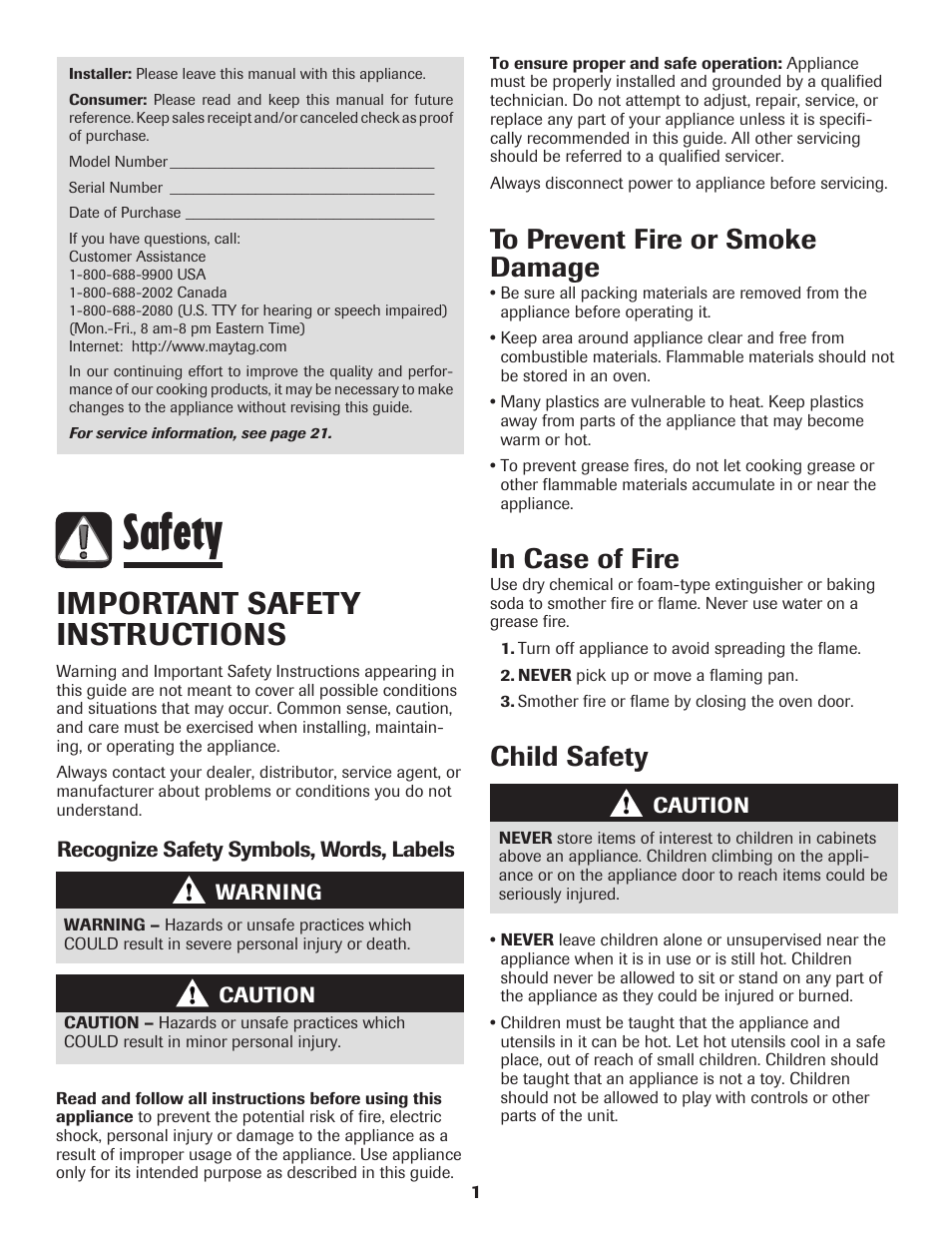 Safety, Important safety instructions, Child safety | Maytag Wall Oven User Manual | Page 2 / 68