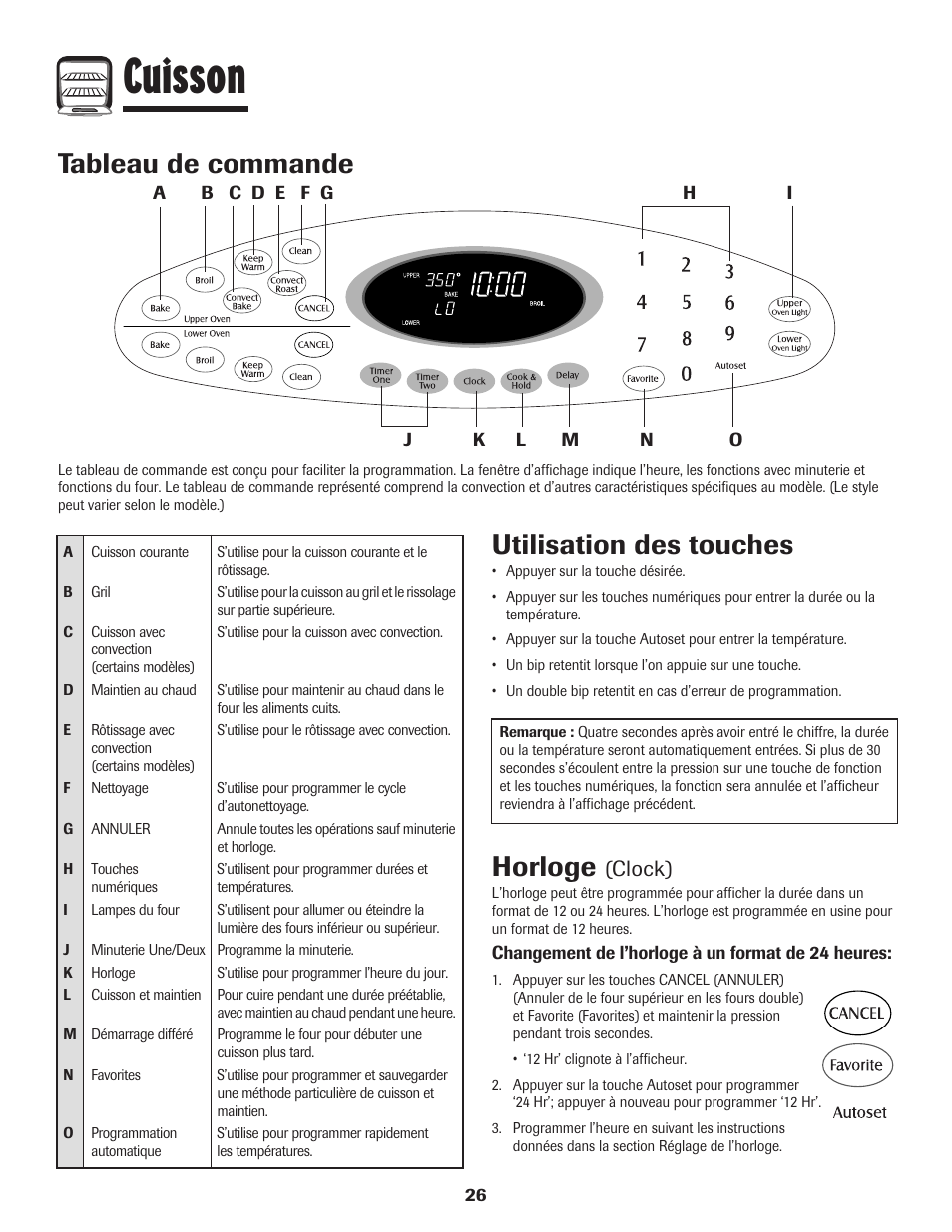 Cuisson, Tableau de commande, Horloge | Utilisation des touches, Clock) | Maytag Wall Oven User Manual | Page 27 / 68