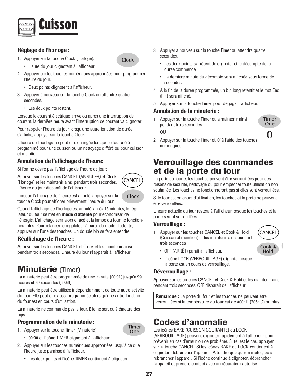Cuisson, Minuterie, Verrouillage des commandes et de la porte du four | Codes d’anomalie, Timer) | Maytag Wall Oven User Manual | Page 28 / 68