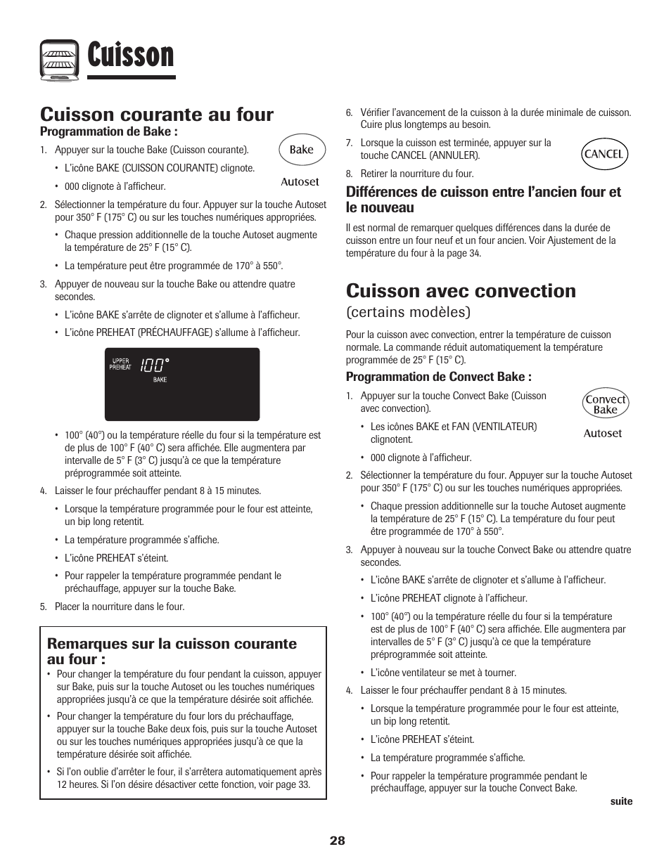 Cuisson, Cuisson courante au four, Cuisson avec convection | Remarques sur la cuisson courante au four, Certains modèles) | Maytag Wall Oven User Manual | Page 29 / 68