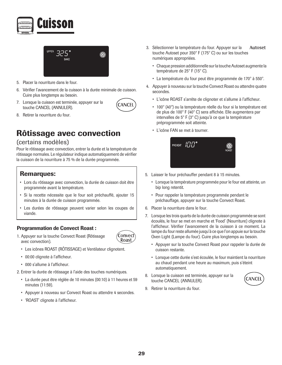 Cuisson, Rôtissage avec convection, Certains modèles) | Remarques | Maytag Wall Oven User Manual | Page 30 / 68