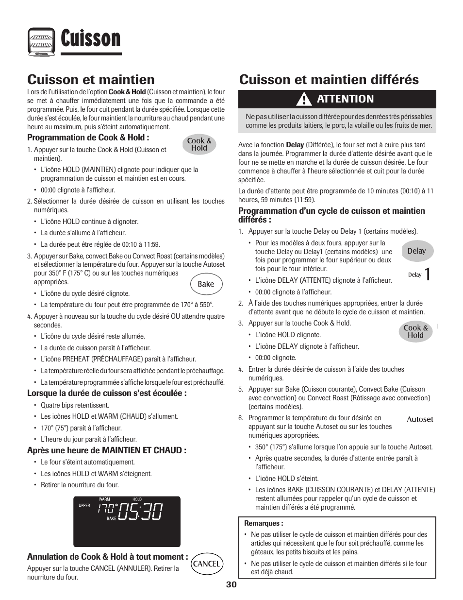 Cuisson, Cuisson et maintien différés, Cuisson et maintien | Attention | Maytag Wall Oven User Manual | Page 31 / 68