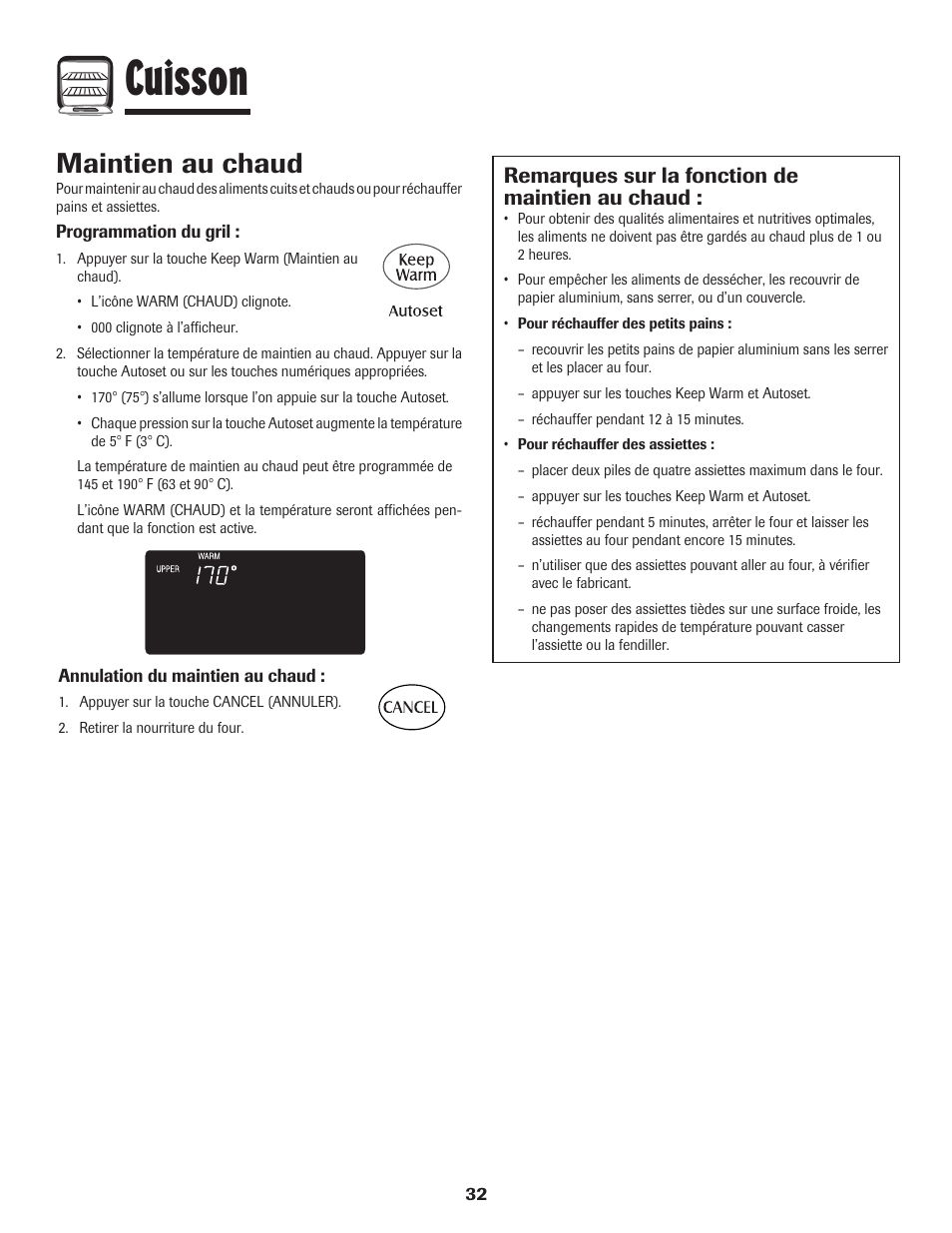 Cuisson, Maintien au chaud, Remarques sur la fonction de maintien au chaud | Maytag Wall Oven User Manual | Page 33 / 68