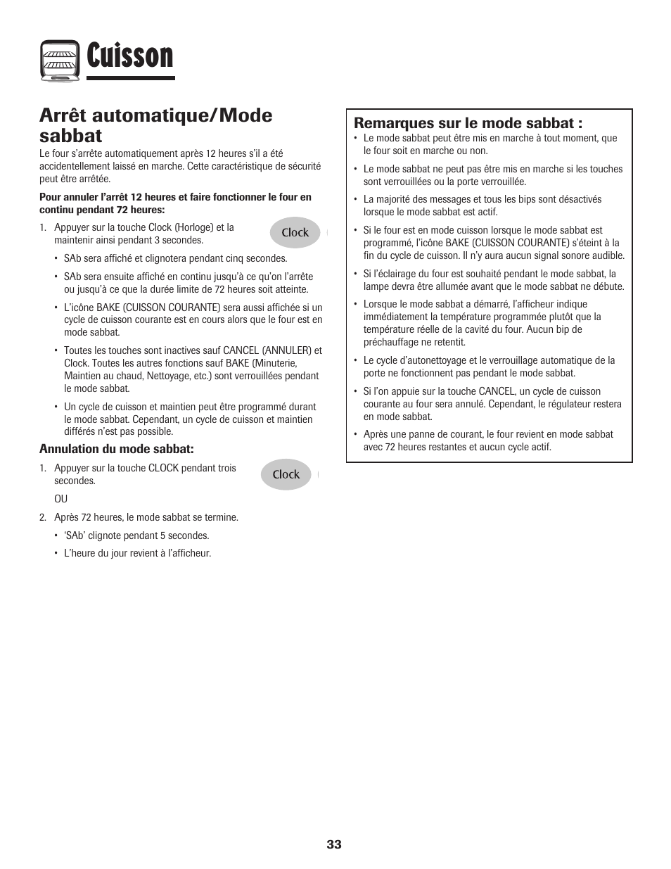 Cuisson, Arrêt automatique/mode sabbat, Remarques sur le mode sabbat | Maytag Wall Oven User Manual | Page 34 / 68
