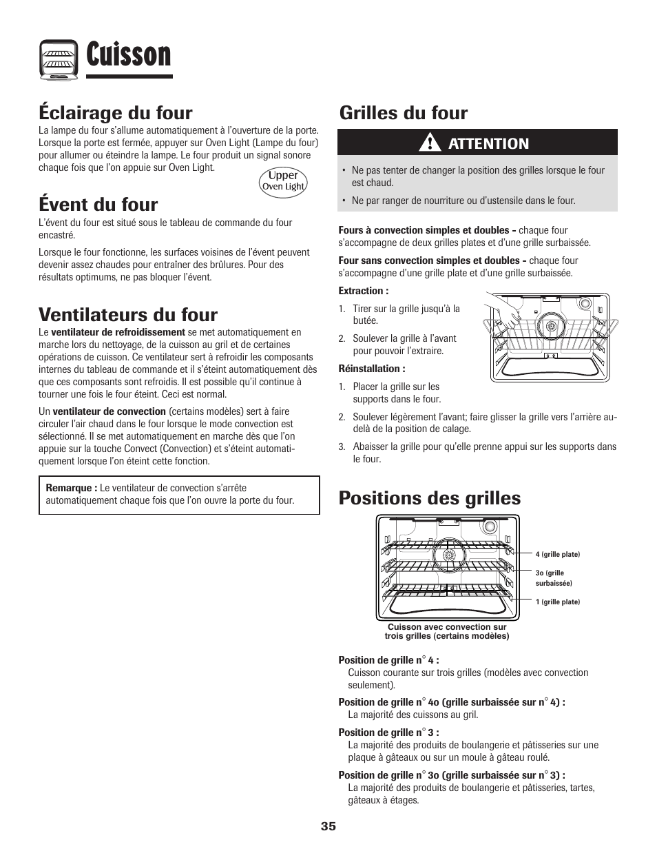 Cuisson, Grilles du four, Éclairage du four | Évent du four, Ventilateurs du four, Positions des grilles, Attention | Maytag Wall Oven User Manual | Page 36 / 68