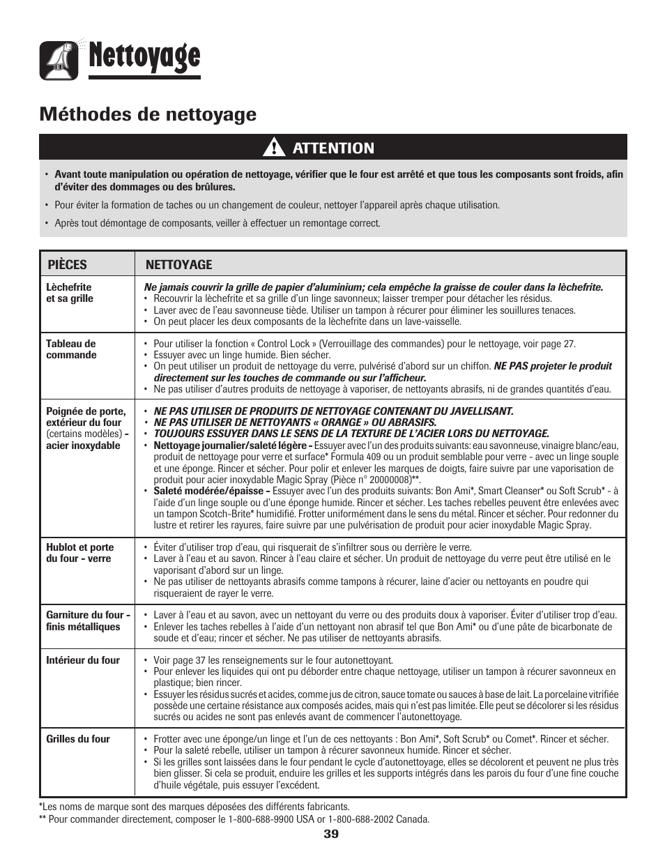 Nettoyage, Méthodes de nettoyage, Attention | Maytag Wall Oven User Manual | Page 40 / 68