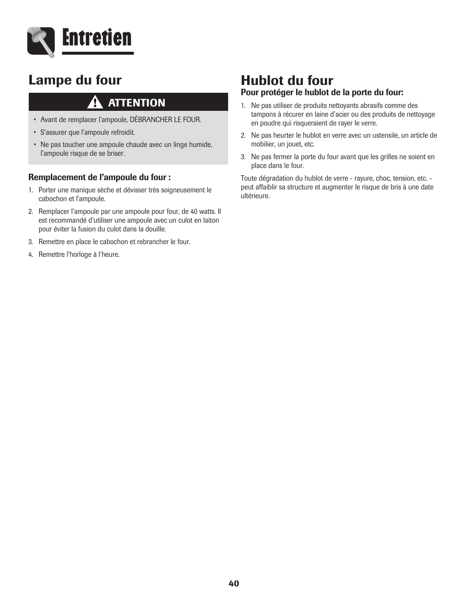 Entretien, Hublot du four, Lampe du four | Maytag Wall Oven User Manual | Page 41 / 68