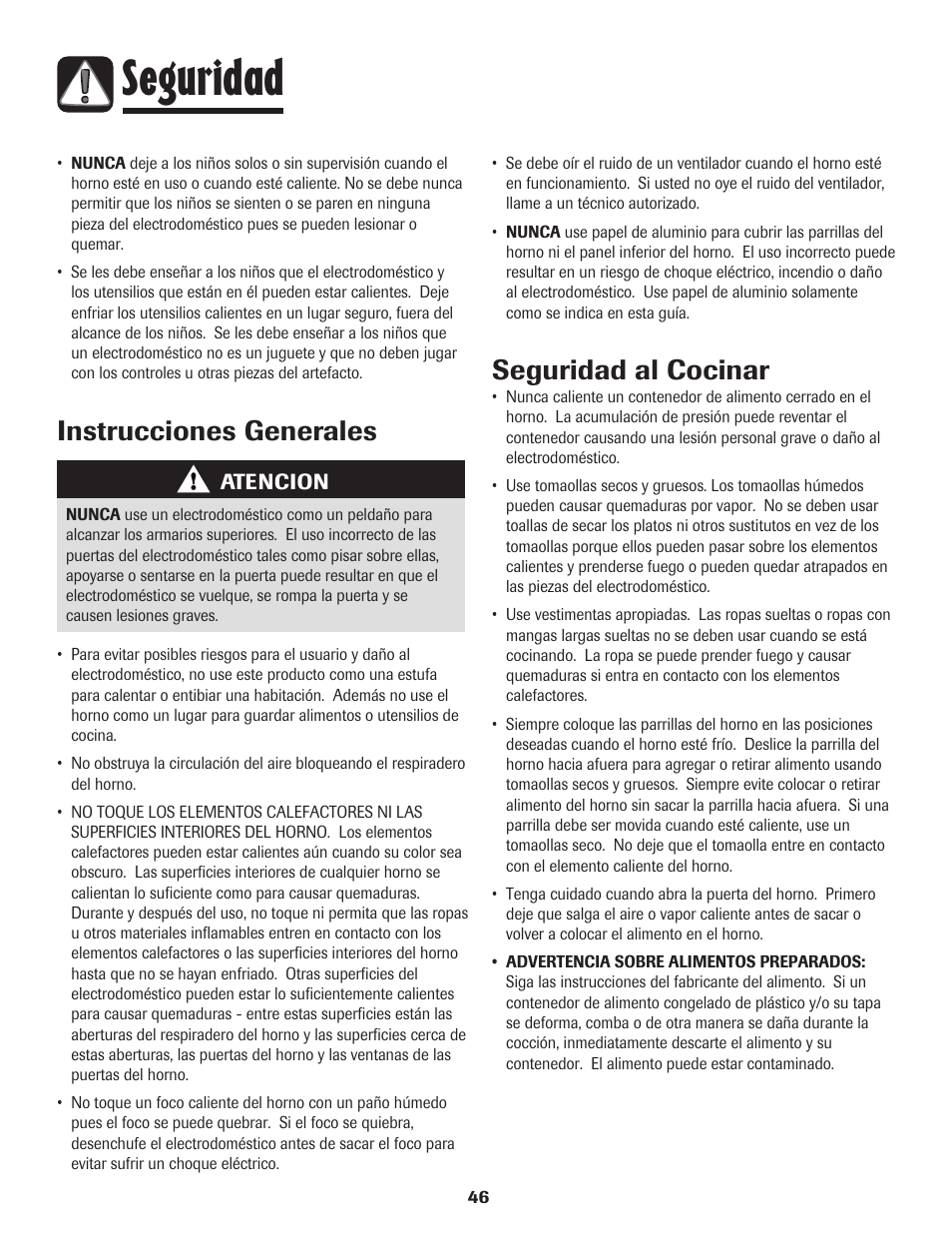 Seguridad, Instrucciones generales, Seguridad al cocinar | Maytag Wall Oven User Manual | Page 47 / 68