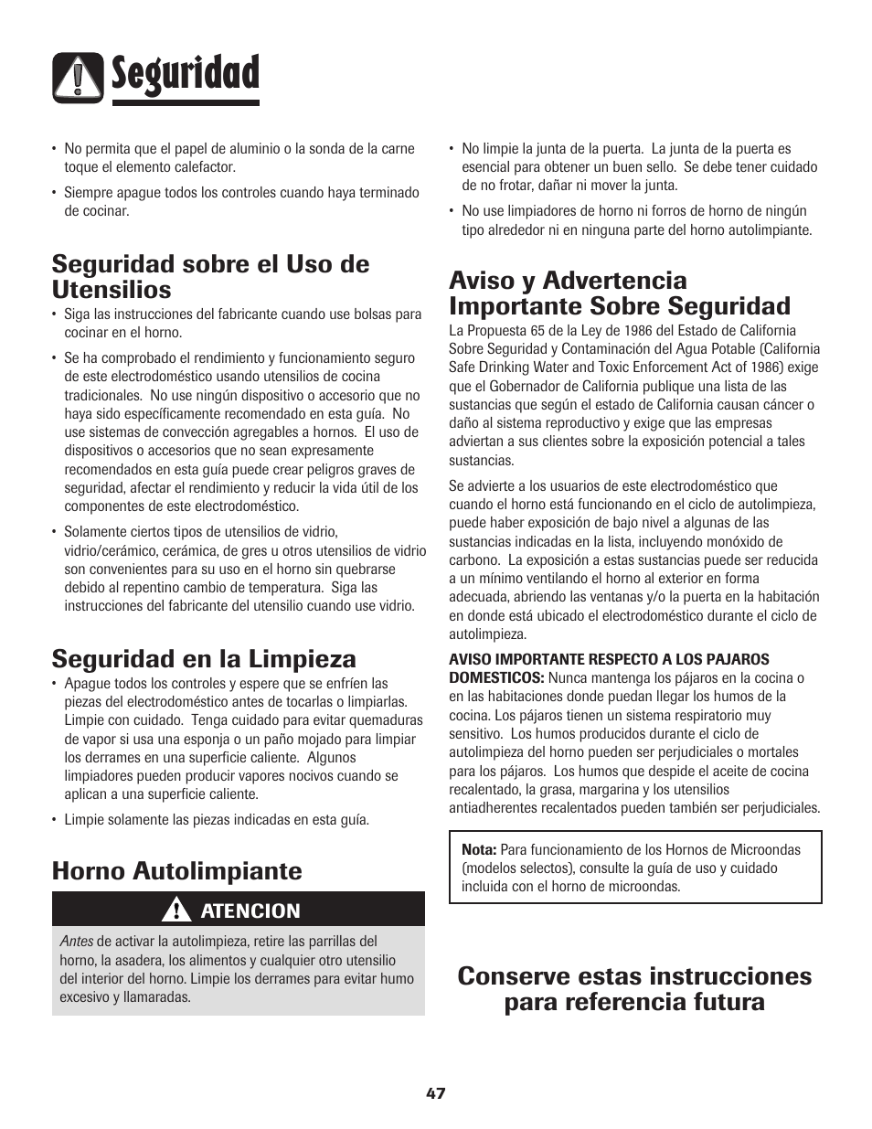 Seguridad, Seguridad sobre el uso de utensilios, Seguridad en la limpieza | Horno autolimpiante, Aviso y advertencia importante sobre seguridad | Maytag Wall Oven User Manual | Page 48 / 68