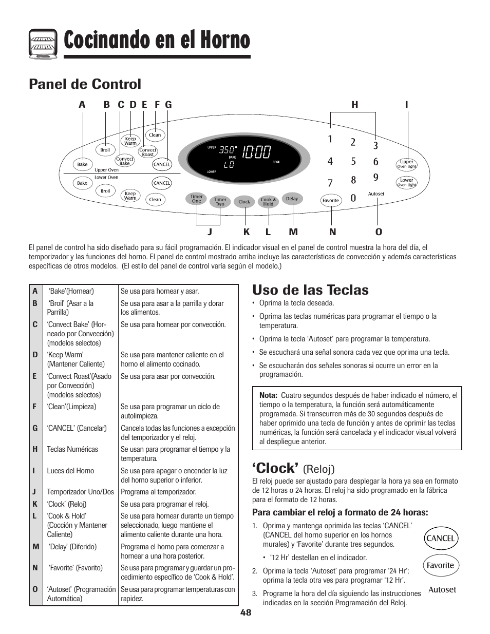 Cocinando en el horno, Panel de control, Clock | Uso de las teclas, Reloj) | Maytag Wall Oven User Manual | Page 49 / 68