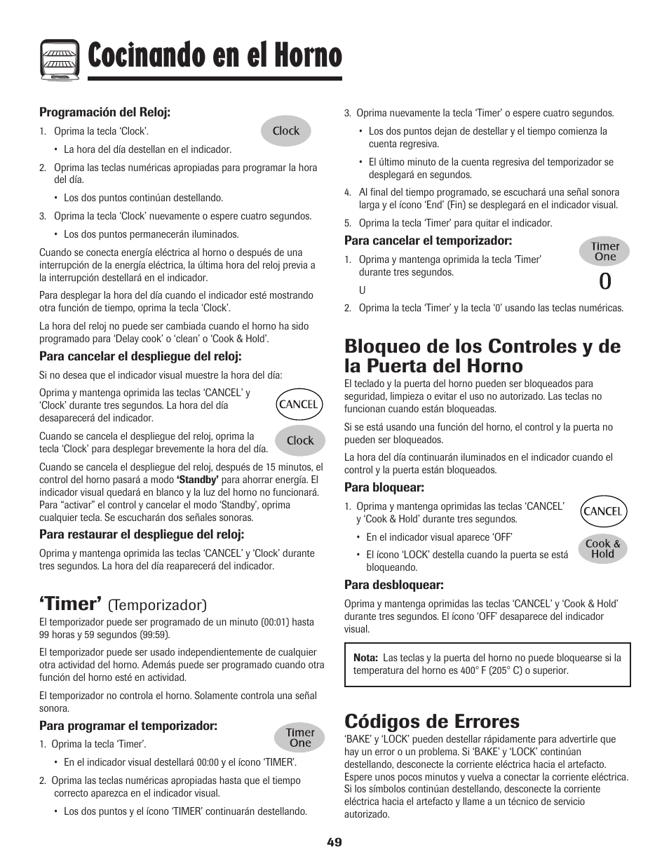 Cocinando en el horno, Timer, Bloqueo de los controles y de la puerta del horno | Códigos de errores, Temporizador) | Maytag Wall Oven User Manual | Page 50 / 68