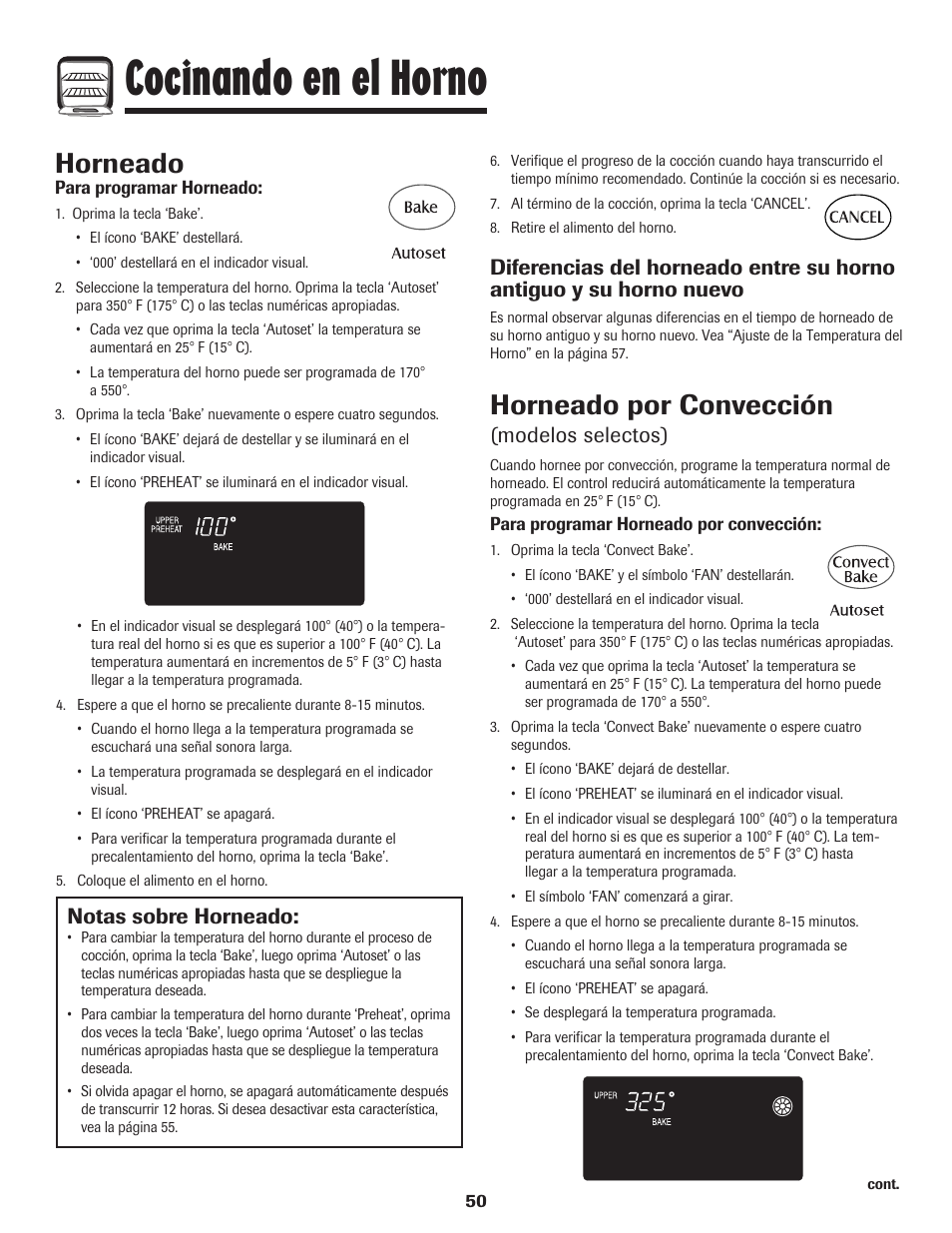 Cocinando en el horno, Horneado, Horneado por convección | Notas sobre horneado, Modelos selectos) | Maytag Wall Oven User Manual | Page 51 / 68