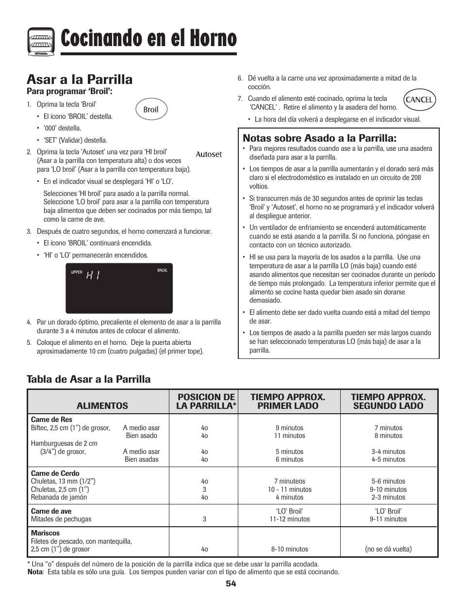 Cocinando en el horno, Asar a la parrilla, Tabla de asar a la parrilla | Notas sobre asado a la parrilla | Maytag Wall Oven User Manual | Page 55 / 68