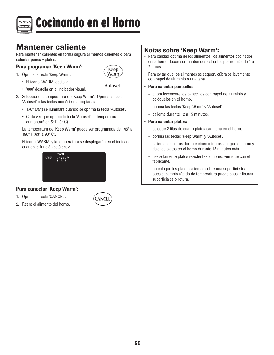 Cocinando en el horno, Mantener caliente, Notas sobre ‘keep warm | Maytag Wall Oven User Manual | Page 56 / 68