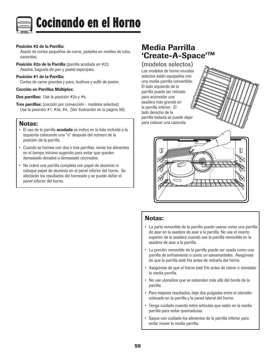 Cocinando en el horno, Media parrilla ‘create-a-space, Notas | Modelos selectos) | Maytag Wall Oven User Manual | Page 60 / 68