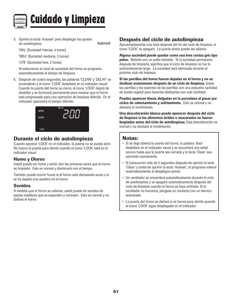 Cuidado y limpieza, Después del ciclo de autolimpieza, Durante el ciclo de autolimpieza | Notas | Maytag Wall Oven User Manual | Page 62 / 68