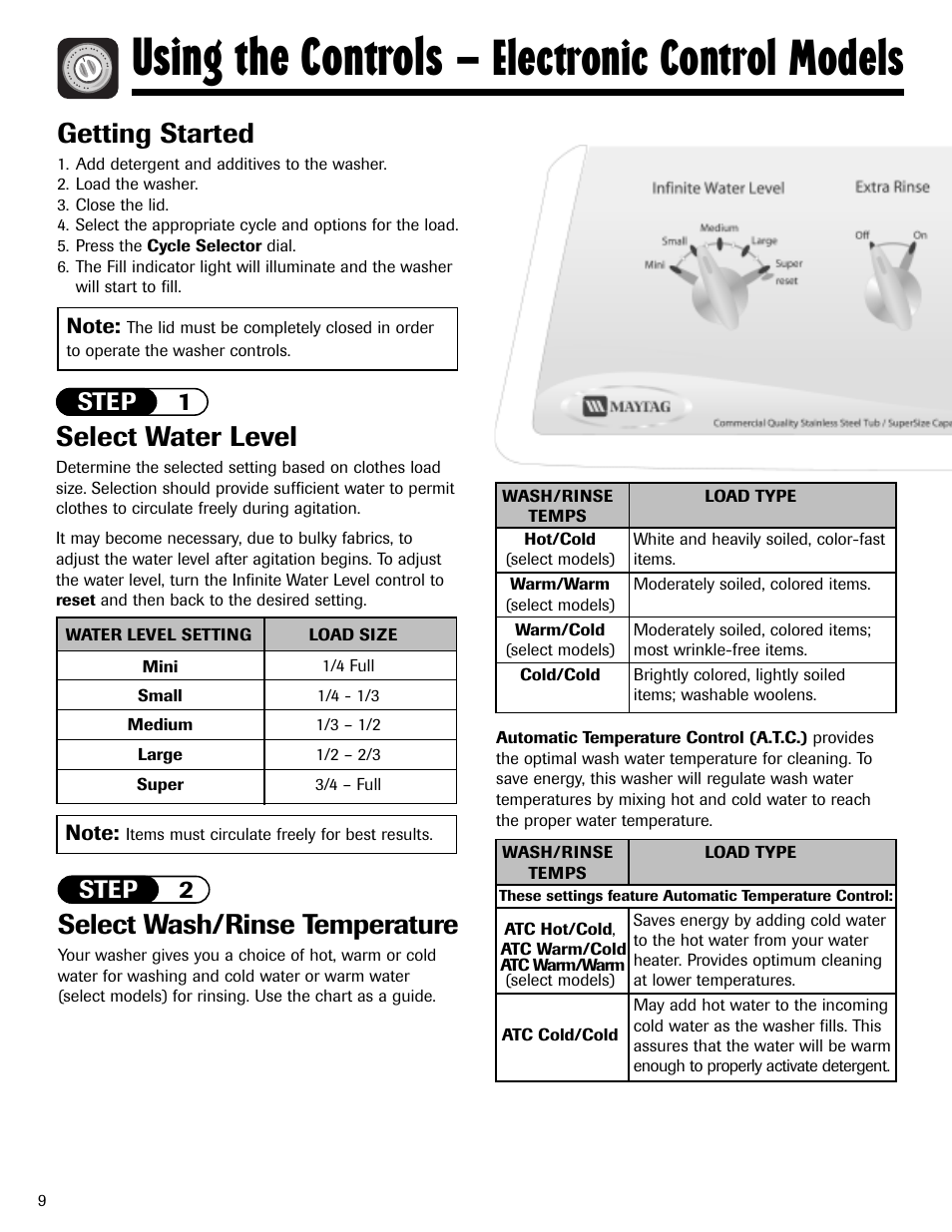 Using the controls, Electronic control models, Select wash/rinse temperature | Select water level, Getting started, Step 2, Step 1 | Maytag MAV5920AGW User Manual | Page 10 / 16
