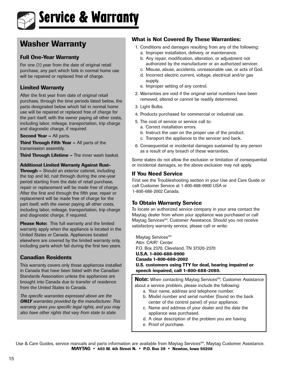 Service & warranty, Washer warranty | Maytag MAV5920AGW User Manual | Page 16 / 16